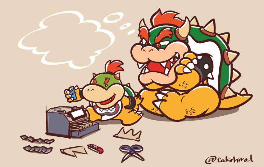 2boys, absurdres, black_eyes, bowser, bowser_jr., cardboard, crossed_arms, dragon, fang, father_and_son, highres, joy-con, male_focus, super_mario_bros., monjaosu, monster, multiple_boys, nintendo, nintendo_labo, nintendo_switch, no_humans, red_eyes, scissors, simple_background, sitting, super_mario_bros., tan_background, thought_bubble, turtle, twitter_username