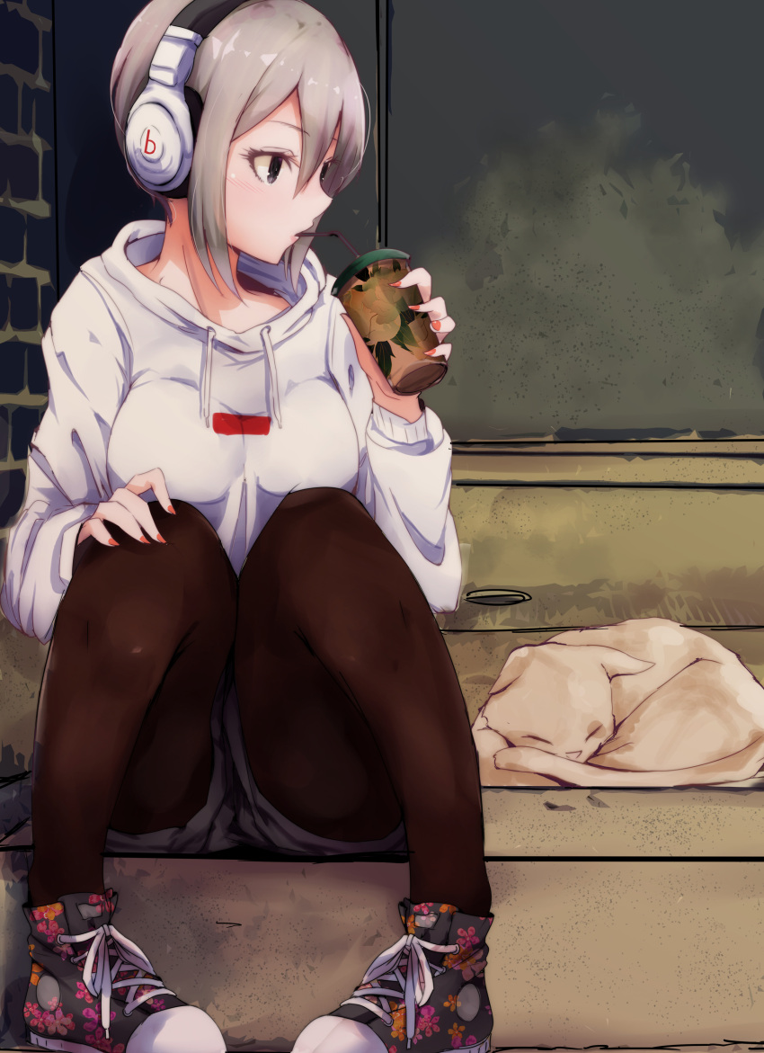 1girl, absurdres, animal, beats_by_dr._dre, black_eyes, black_legwear, breasts, cat