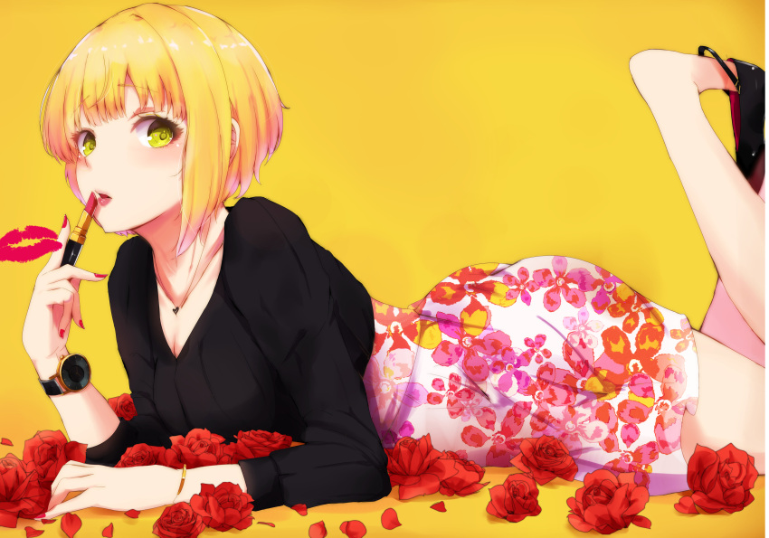 1girl, absurdres, alternate_costume, applying_makeup, black_footwear, black_sweater, blonde_hair, blush