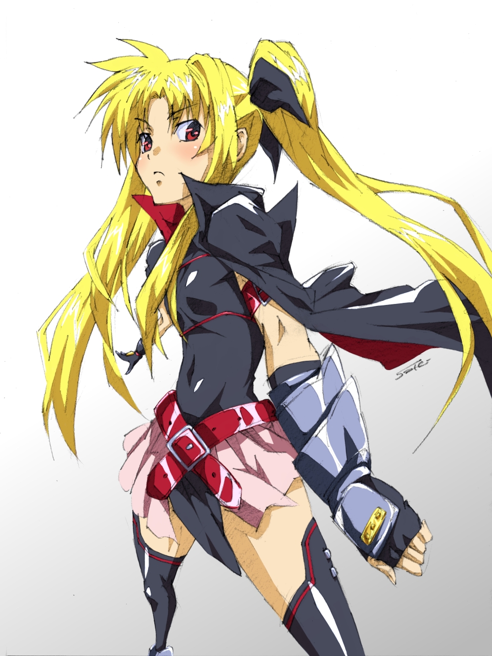 fate_testarossa, fingerless_gloves, frown, gloves, highres, himemura_saki, long_hair, mahou_shoujo_lyrical_nanoha, mahou_shoujo_lyrical_nanoha_a's, mahou_shoujo_lyrical_nanoha_a's, red_eyes, ribbon, saki_(artist), sketch, thigh-highs, thighhighs, twintails, very_long_hair