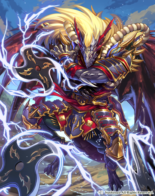 1boy, armor, bat_wings, blonde_hair, cardfight!!_vanguard, company_name, dragon, dragon_tail