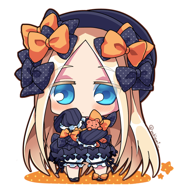 1girl, abigail_williams_(fate/grand_order), bangs, black_bow, black_dress, black_footwear, black_hat, blonde_hair, bloomers, blue_eyes, blush, bow, butterfly, chibi, closed_mouth, commentary_request, dress, eyebrows_visible_through_hair, eyes_visible_through_hair, fate/grand_order, fate_(series), forehead, full_body, hair_bow, hat, long_hair, long_sleeves, looking_at_viewer, mary_janes, object_hug, orange_bow, parted_bangs, polka_dot, polka_dot_bow, shoes, sleeves_past_fingers, sleeves_past_wrists, solo, standing, stuffed_animal, stuffed_toy, teddy_bear, twitter_username, underwear, very_long_hair, white_background, white_bloomers, yakiguri