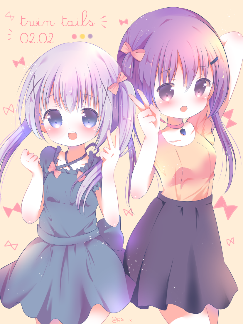 2girls, :d, alternate_hairstyle, arm_up, bangs, black_skirt, blue_dress, blue_eyes