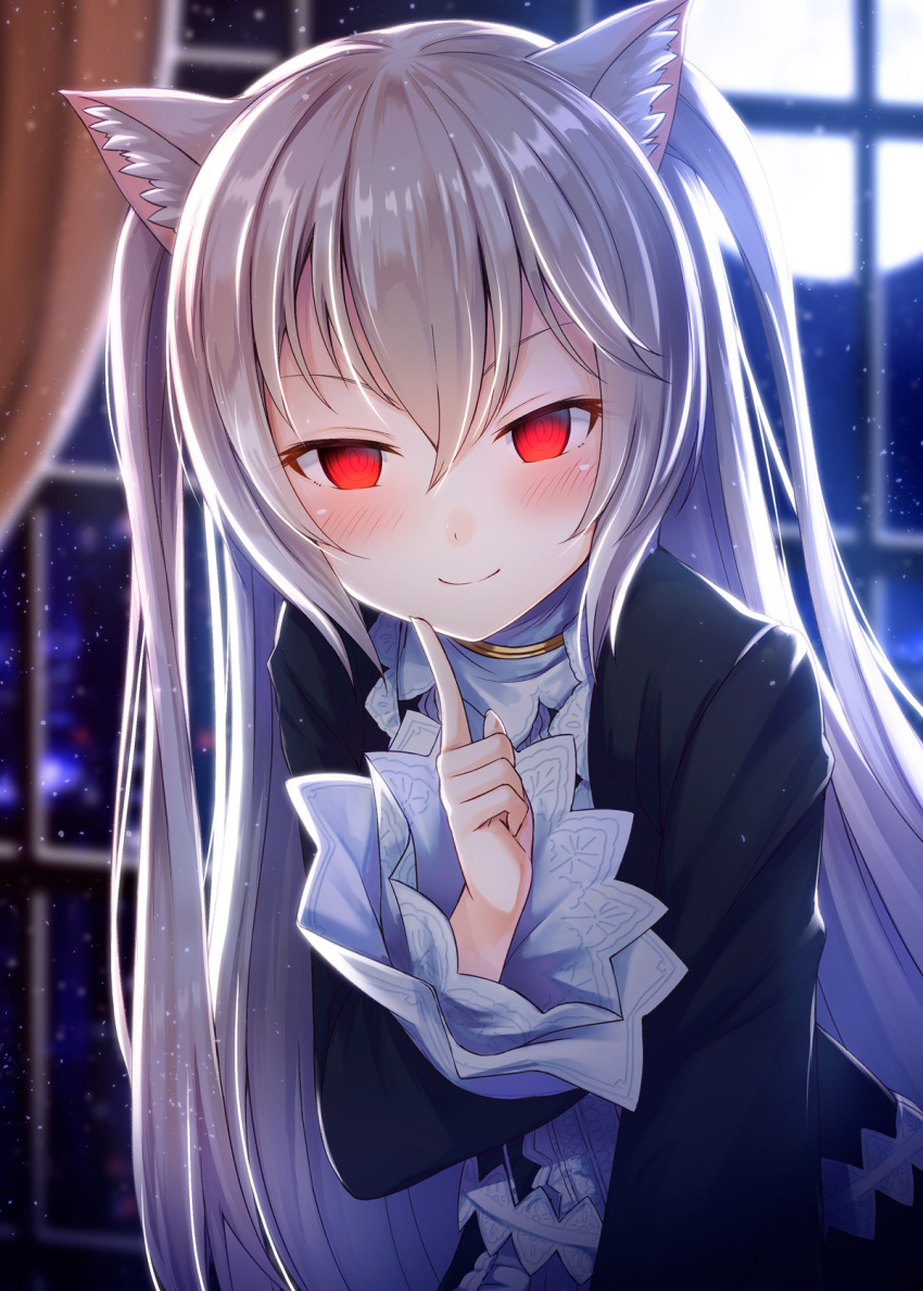 1girl, al_bhed_eyes, animal_ears, bangs, black_dress, blurry, blurry_background, blush