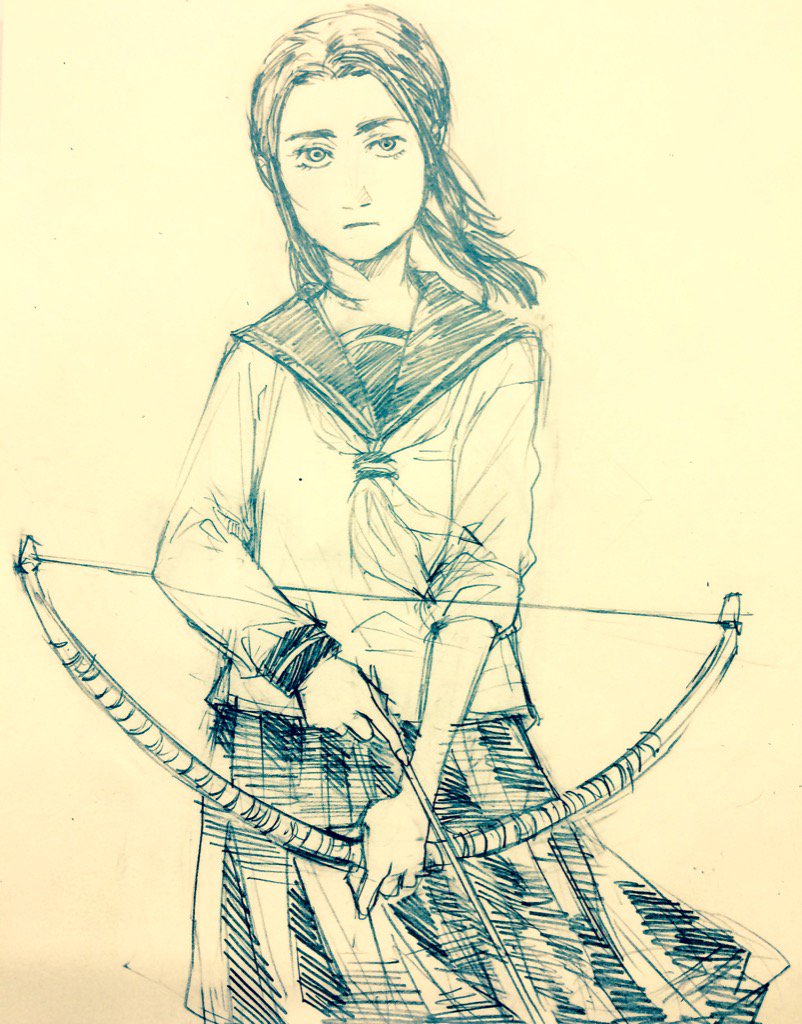1girl, alternate_costume, alternate_hairstyle, arrow, asirpa, ballpoint_pen_(medium), bangs, bow_(weapon), contemporary, golden_kamuy, holding, holding_weapon, ito_kiko, long_hair, looking_at_viewer, low_twintails, neckerchief, parted_bangs, pleated_skirt, sailor_collar, school_uniform, serafuku, sketch, skirt, solo, traditional_media, twintails, weapon, wind, wind_lift