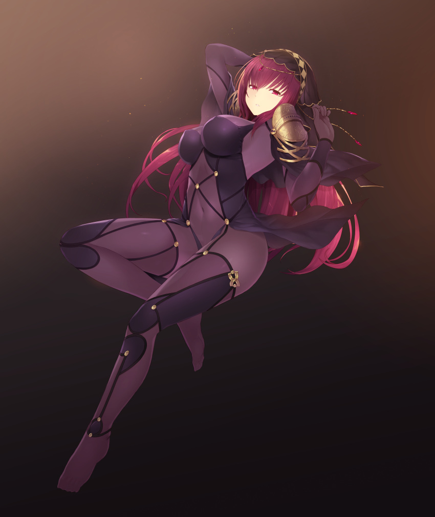 1girl, absurdres, arm_behind_back, arm_up, armor, bangs, bent_knee, bodysuit