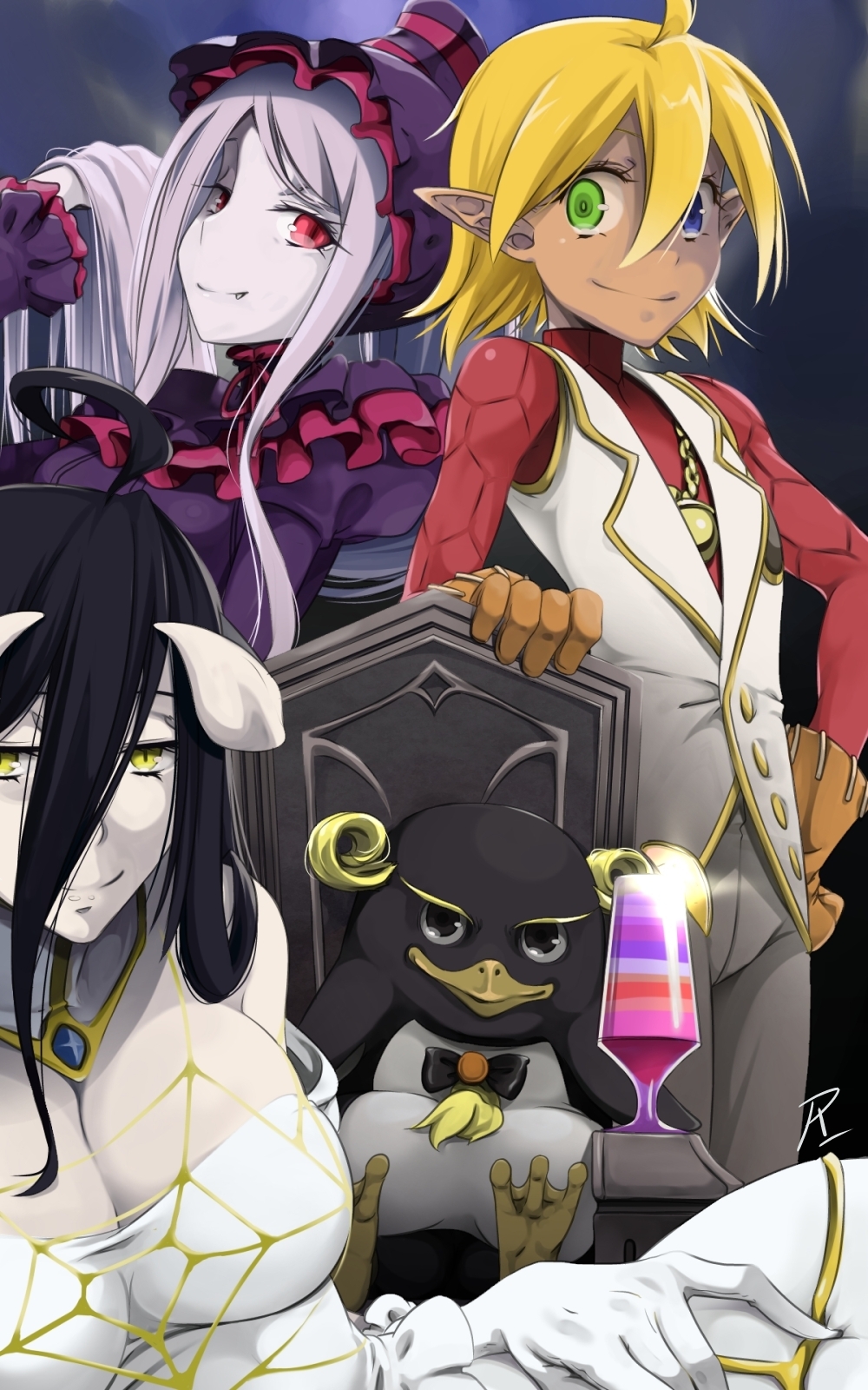 3girls, albedo, aura_bella_fiora, bird, black_hair, black_wings, blonde_hair, blue_eyes