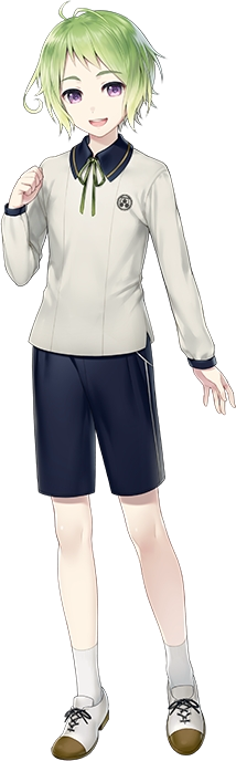 1boy, :d, clenched_hand, full_body, green_hair, male_focus, mouri_toushirou, nekokan_masshigura