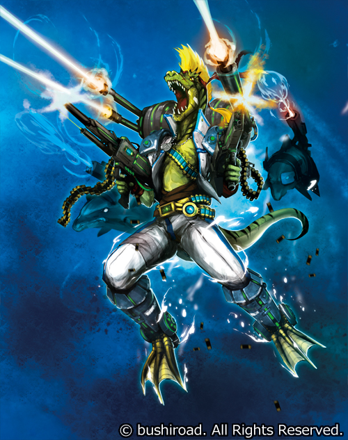 1boy, bandage, blonde_hair, blue_wave_soldier_brutal_trooper, bullet, cardfight!!_vanguard, company_name, crocodile