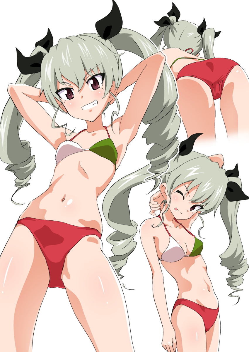1girl, ;p, anchovy, arm_at_side, arm_behind_back, arms_behind_head, arms_up, ass