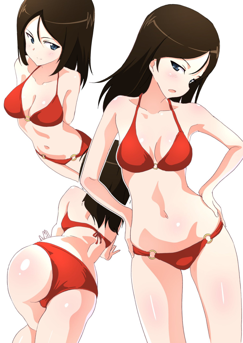 1girl, ass, bare_arms, bare_shoulders, bikini, black_hair, blue_eyes, breasts, closed_mouth, gin'you_haru, girls_und_panzer, hands_on_hips, highres, light_smile, long_hair, looking_at_viewer, medium_breasts, multiple_views, navel, nonna, o-ring, o-ring_bikini, o-ring_bottom, o-ring_top, red_bikini, simple_background, stomach, swimsuit, white_background