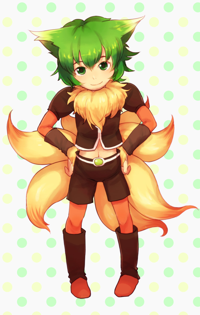 androgynous, boots, bracelet, fur_trim, green_eyes, green_hair, jewelry, kawabeno_jari, navel, riki_(saga), saga, saga_frontier, simple_background, solo, tail, white_background