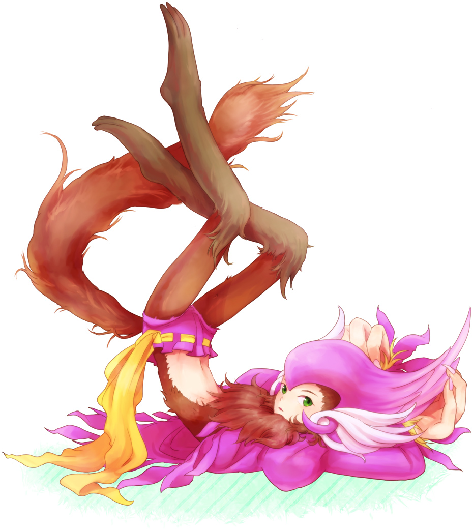 androgynous, brown_hair, green_eyes, kawabeno_jari, midriff, monster, navel, pink_hair, riki_(saga), saga, saga_frontier, simple_background, solo, tail, white_background, white_hair