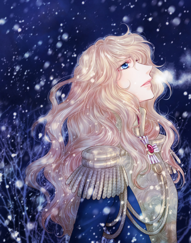 blue_background, blue_eyes, epaulettes, j2_(joki455), long_hair, looking_to_the_side, looking_up, oscar_francois_de_jarjayes