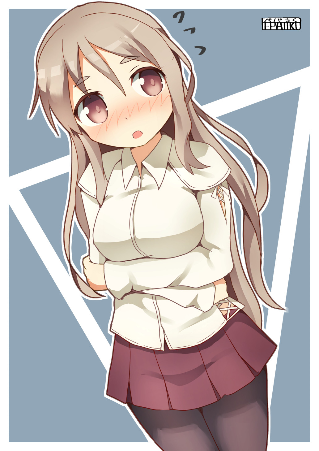 1girl, black_legwear, breasts, brown_eyes, drunk, hair_between_eyes, highres, kantai_collection