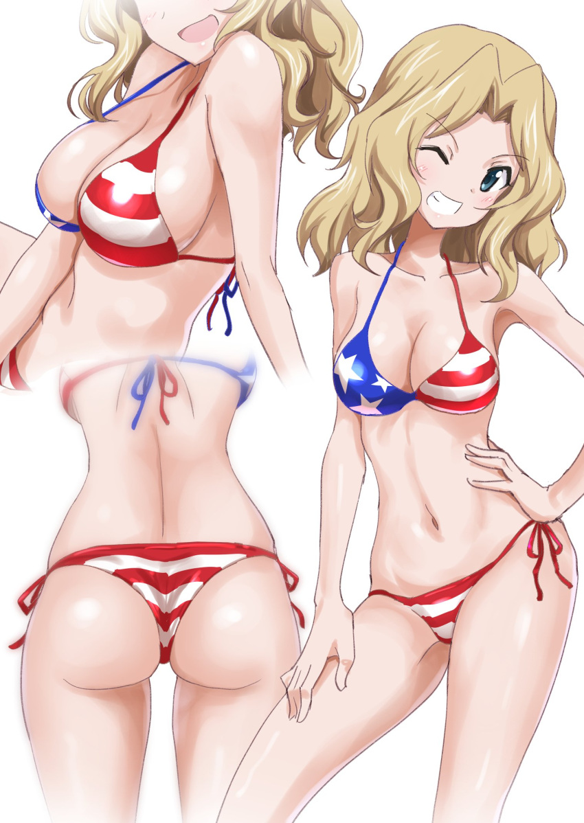 1girl, american_flag_bikini, ass, bare_arms, bare_legs, bare_shoulders, bikini, blonde_hair