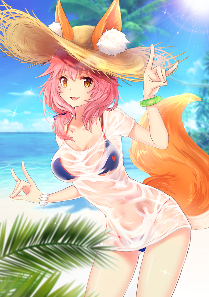 1girl, animal_ears, bikini, blue_bikini, breasts, ears_through_headwear, fate/grand_order, fate_(series)