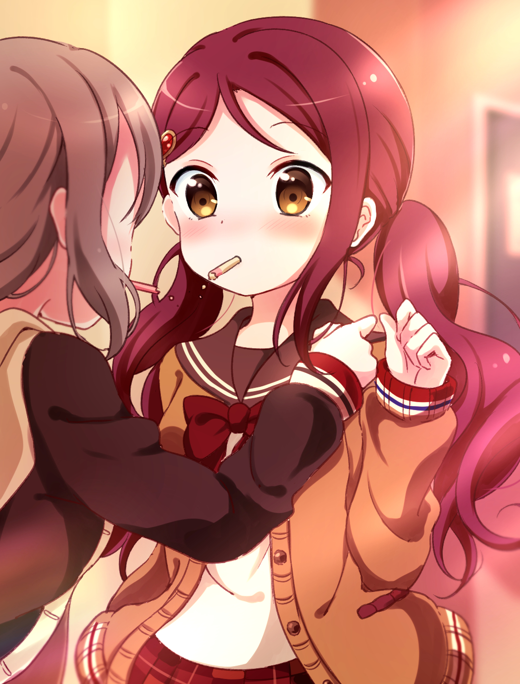2girls, alternate_hairstyle, blurry, blurry_background, blush, bow, bowtie, brown_eyes