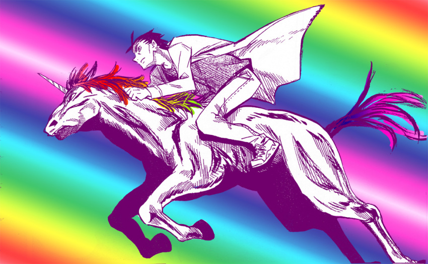 1boy, artist_request, black_hair, crossover, labcoat, male_focus, okabe_rintarou, riding