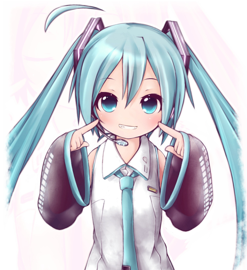 1girl, akino_coto, aqua_eyes, aqua_hair, blush, detached_sleeves, grin, hatsune_miku