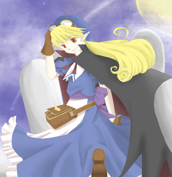 1girl, aimi_(jb), bag, blonde_hair, blue_hat, cape, commentary_request, dress