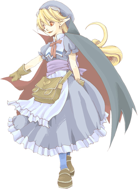 1girl, artist_request, bag, blonde_hair, blue_hat, breasts, cape, dress