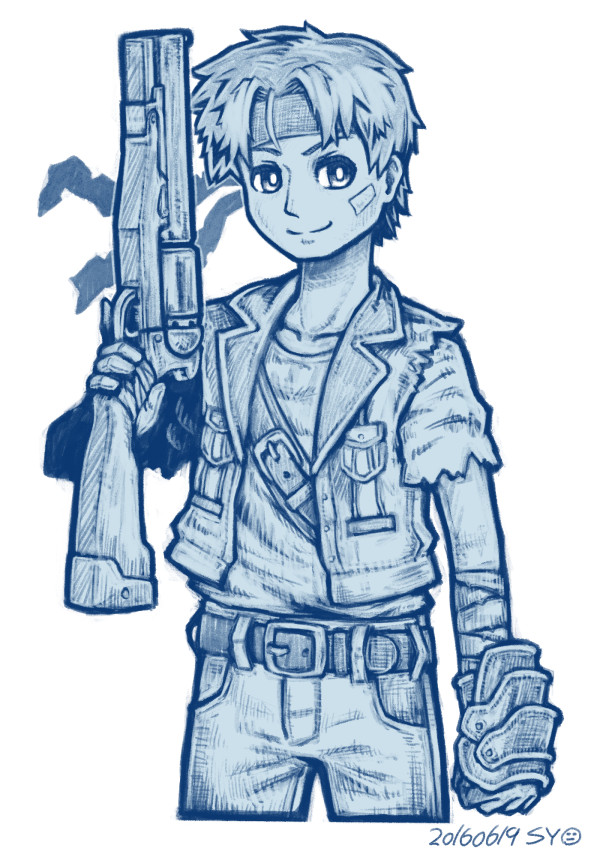 1boy, coat, commentary_request, gloves, headband, rody_roughnight, shirt, short_hair, solo, syensyenbui, vest, wild_arms, wild_arms_1