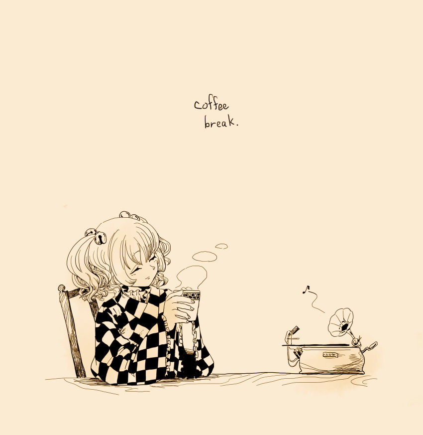 1girl, absurdres, bell, chair, checkered, checkered_kimono, closed_eyes, closed_mouth, commentary, cup, drinking_glass, english, frills, glass, hair_bell, hair_ornament, highres, holding, holding_drinking_glass, japanese_clothes, jingle_bell, kimono, long_sleeves, medium_hair, motoori_kosuzu, musical_note, phonograph, solo, steam, table, touhou, traditional_media, twintails, uokin2, wide_sleeves