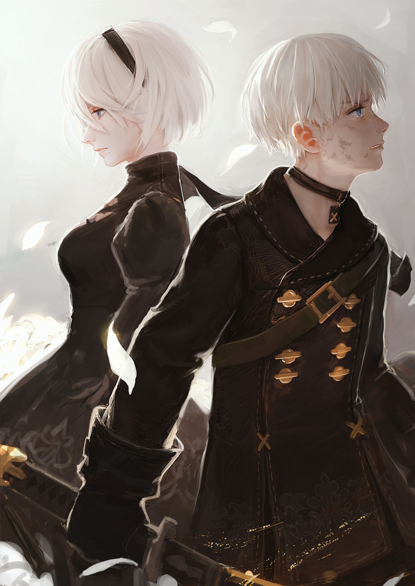 1boy, 1girl, back-to-back, black_choker, black_dress, black_gloves, black_hairband, black_jacket