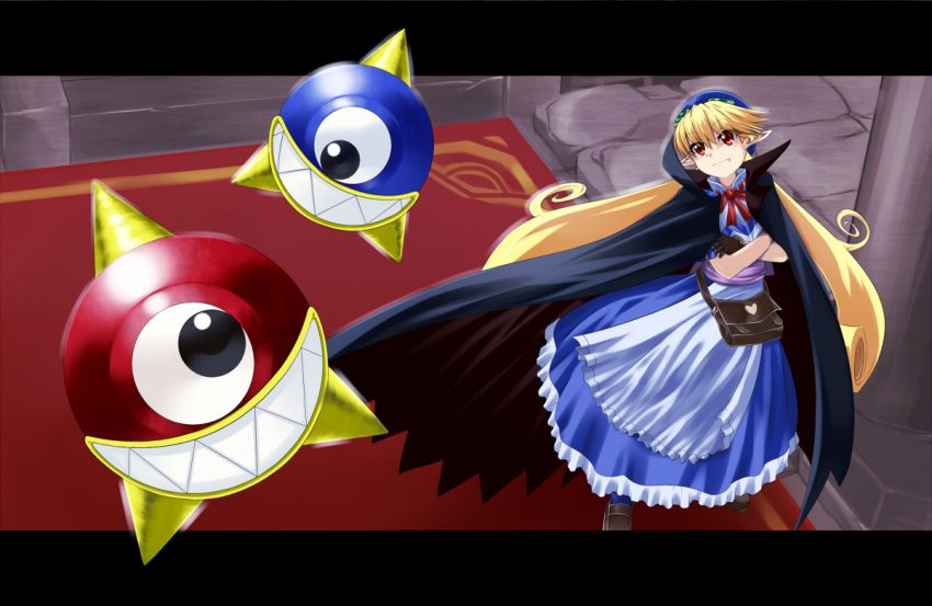 1girl, apron, bag, blonde_hair, blue_hat, cape, commentary_request, dress