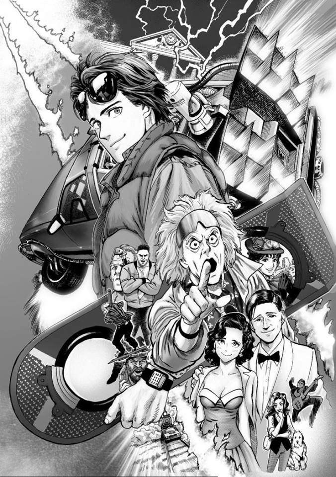 80s, back_to_the_future, biff_tannen, biff_tannen_junior, character_request, delorean, dog, dress, electricity, emmett_brown, epic, flying_car, goggles, ground_vehicle, guitar, hat, instrument, lightning, locomotive, marty_mcfly, murata_yuusuke, official_art, oldschool, promotional_art, scan, science_fiction, sunglasses, time_machine, traditional_media, train, vest