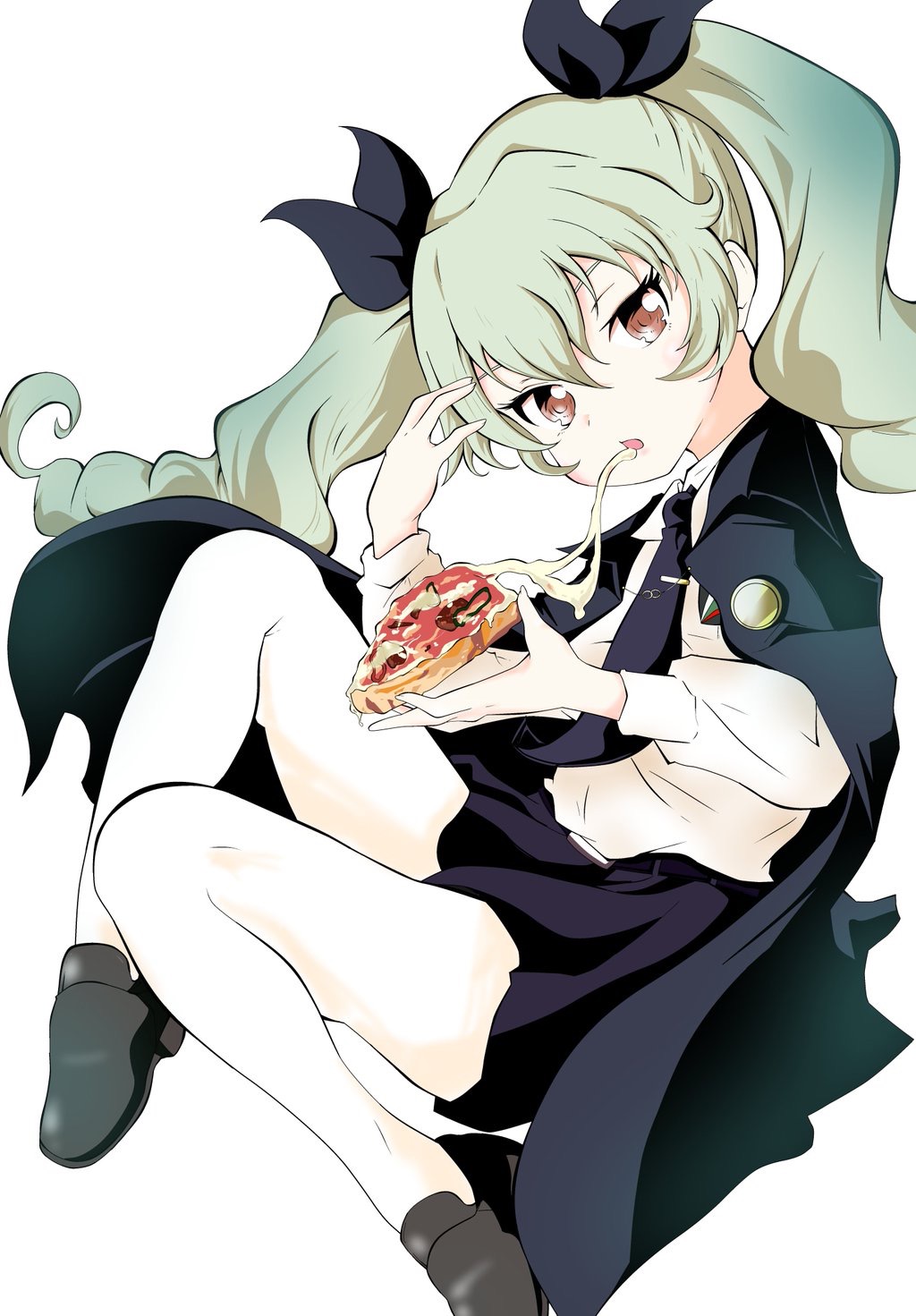 1girl, anchovy, anzio_school_uniform, bangs, belt, black_belt, black_cape, black_footwear, black_neckwear, black_ribbon, black_skirt, cape, commentary, dress_shirt, drill_hair, emblem, food, from_side, full_body, girls_und_panzer, green_hair, hair_ribbon, highres, holding, holding_food, invisible_chair, loafers, long_hair, long_sleeves, looking_at_viewer, miniskirt, mouth_hold, necktie, pantyhose, parted_lips, pizza, pleated_skirt, red_eyes, ribbon, school_uniform, shinsou_komachi, shirt, shoes, simple_background, sitting, skirt, solo, tie_clip, twin_drills, twintails, white_background, white_legwear, white_shirt