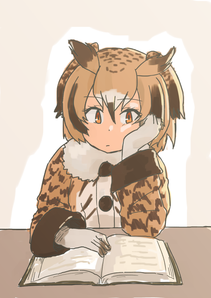 book, coat, eurasian_eagle_owl_(kemono_friends), fur_collar, gloves, kemono_friends, multicolored_hair, overcoat