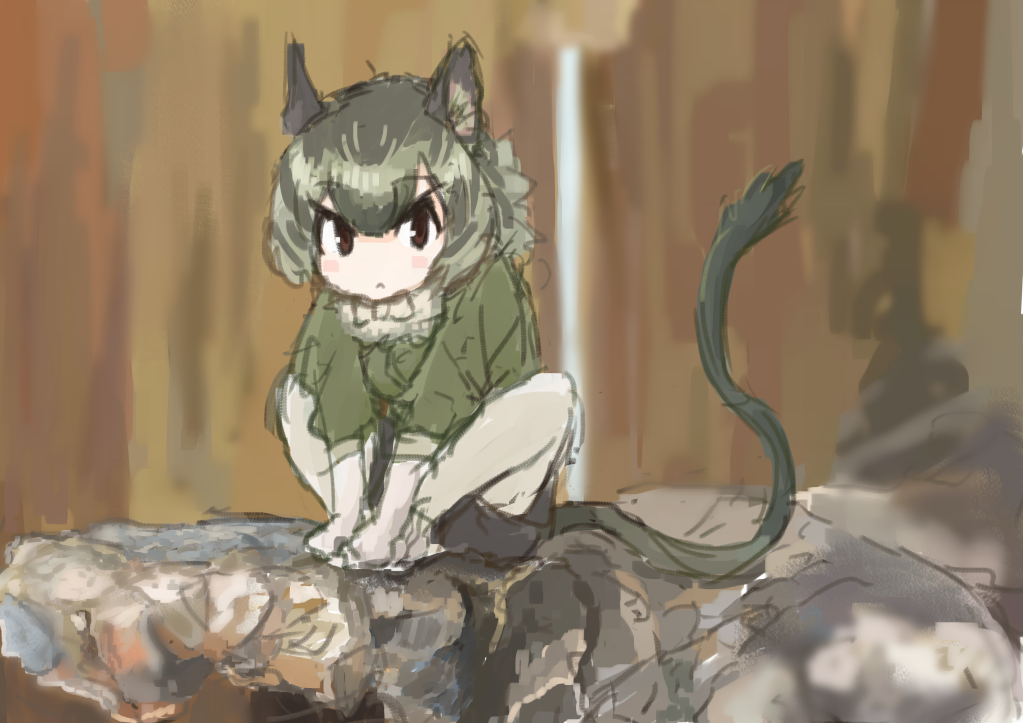 animal_ears, bow, bowtie, degu_(kemono_friends), frown, gloves, holding_feet, kemono_friends