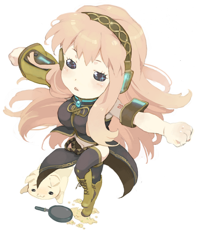 akusyu, armband, armlet, blush, chibi, double_lariat_(vocaloid), frying_pan, headphones