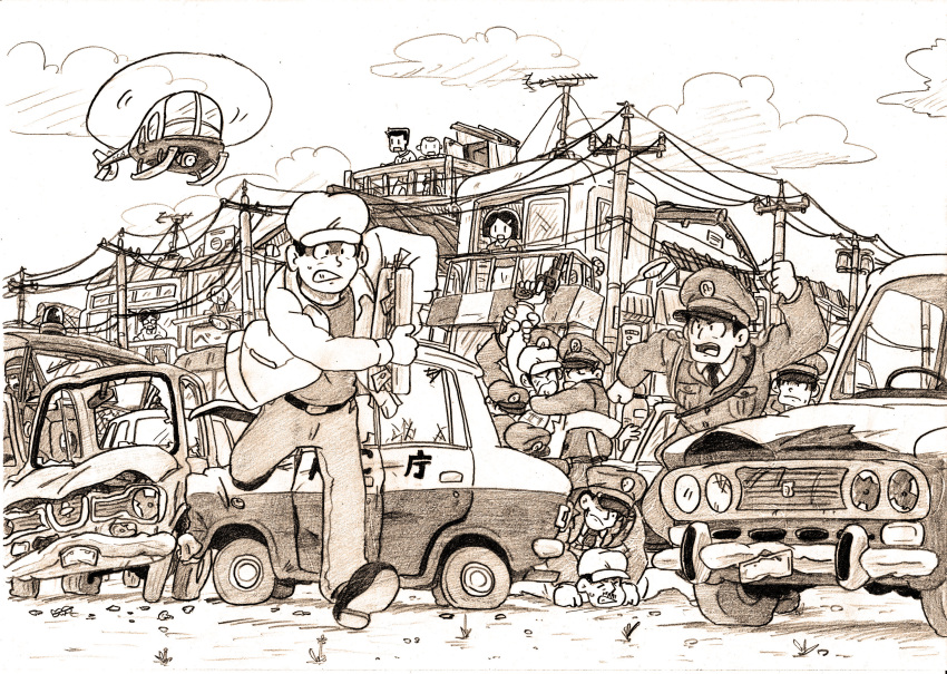 1girl, 6+boys, aircraft, aoyoshi, briefcase, broken, broken_glass, car