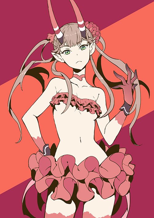 1girl, bare_shoulders, brown_hair, c_(control), flower, frills, gloves, green_eyes, hair_flower, hair_ornament, horns, long_hair, mashu_(control), midriff, navel, ninagawa_yaeko, pointy_ears, skirt, strapless, thigh-highs, tubetop, twintails