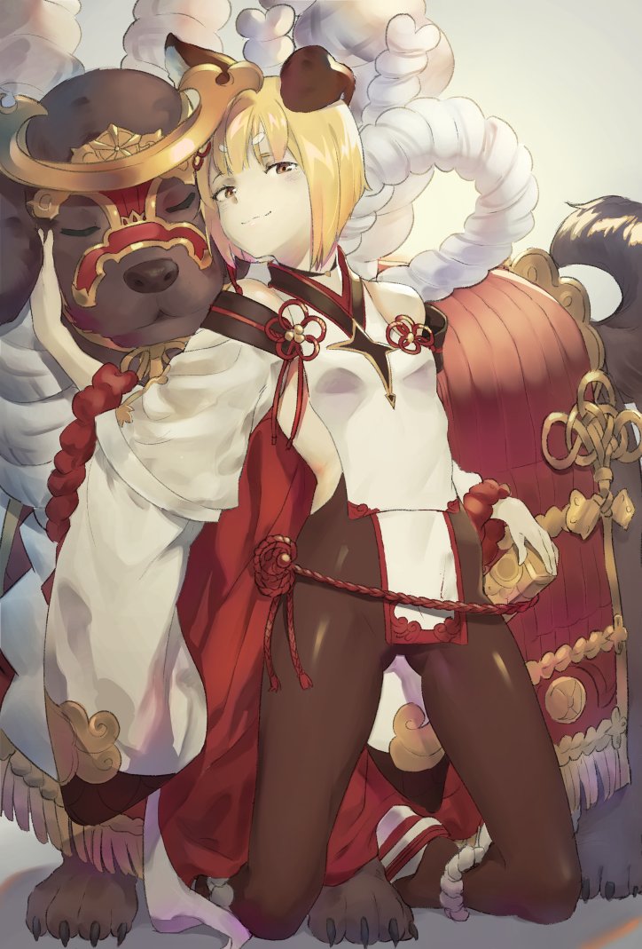 1girl, animal_ears, black_legwear, braid, detached_sleeves, dog, dog_ears, erun_(granblue_fantasy)