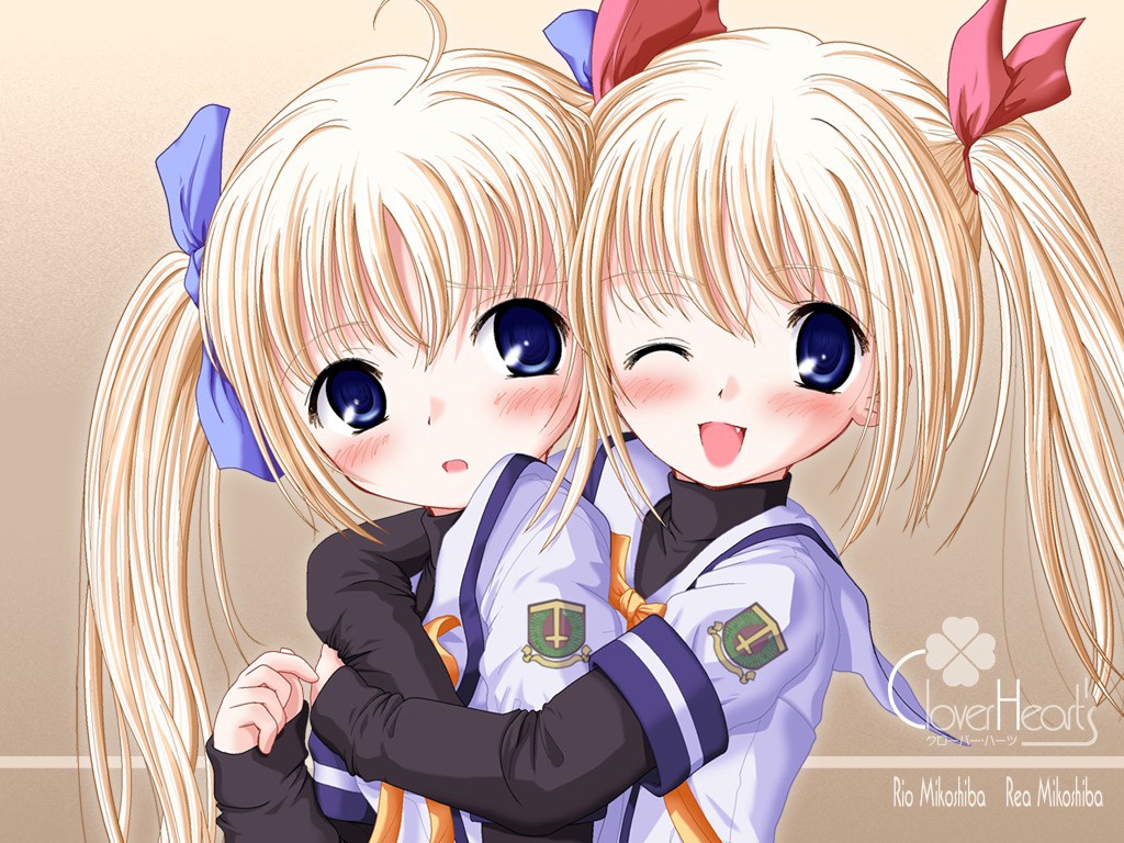 ahoge, blonde_hair, blue_eyes, blush, child, clover_heart's, clover_heart's, fang, hug, long_hair, mikoshiba_rea, mikoshiba_rio, multiple_girls, nimura_yuuji, school_uniform, siblings, sisters, turtleneck, twins, twintails, wallpaper, wink