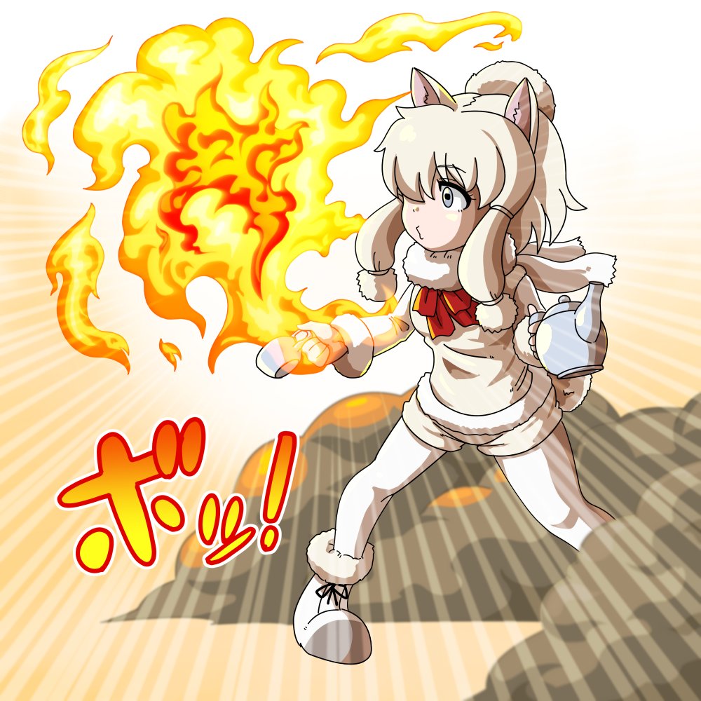 1girl, alpaca_ears, alpaca_huacaya_(kemono_friends), animal_ears, blonde_hair, blue_eyes, bow, breathing_fire