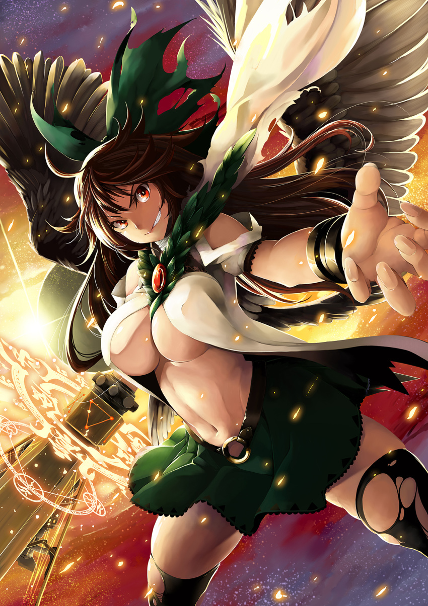 1girl, bangs, belt, black_legwear, bow, bracer, breasts, brown_hair, commentary_request, cowboy_shot, dutch_angle, feathered_wings, fingernails, green_skirt, grin, hair_bow, highres, holding, holding_weapon, ishida_kazuma, legs_apart, light_particles, long_hair, looking_at_viewer, midriff, navel, no_bra, open_clothes, reaching_out, red_eyes, reiuji_utsuho, shirt, short_sleeves, skirt, smile, standing, sun, sword, thigh-highs, torn_clothes, torn_hair_ribbon, torn_thighhighs, touhou, under_boob, weapon, white_shirt, wings, zettai_ryouiki