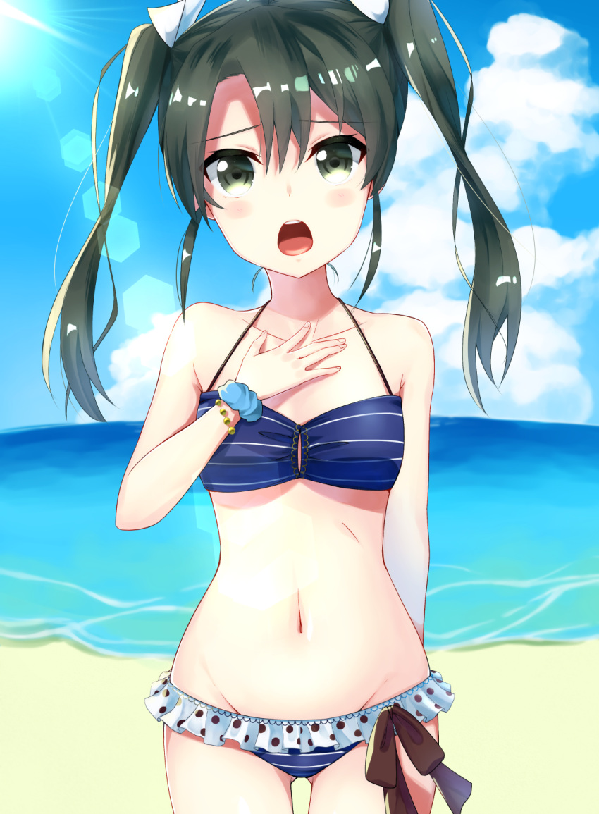 1girl, beach, bikini, blue_bikini, blue_sky, breasts, collarbone, commentary_request