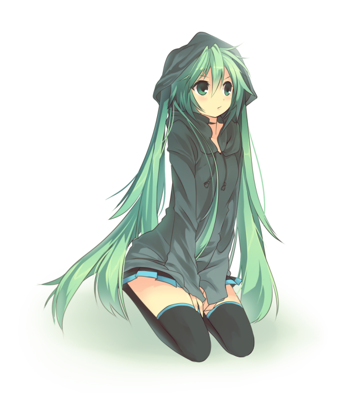 blush, green_eyes, green_hair, hatsune_miku, hiz_(pixiv), hood, hoodie, kneeling