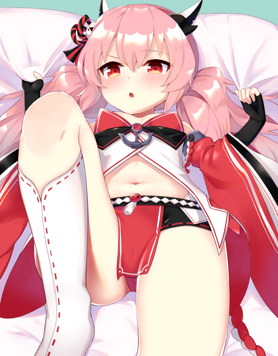 1girl, ass, azur_lane, bed_sheet, commentary_request, detached_sleeves, flat_chest, hamakaze_(azur_lane)