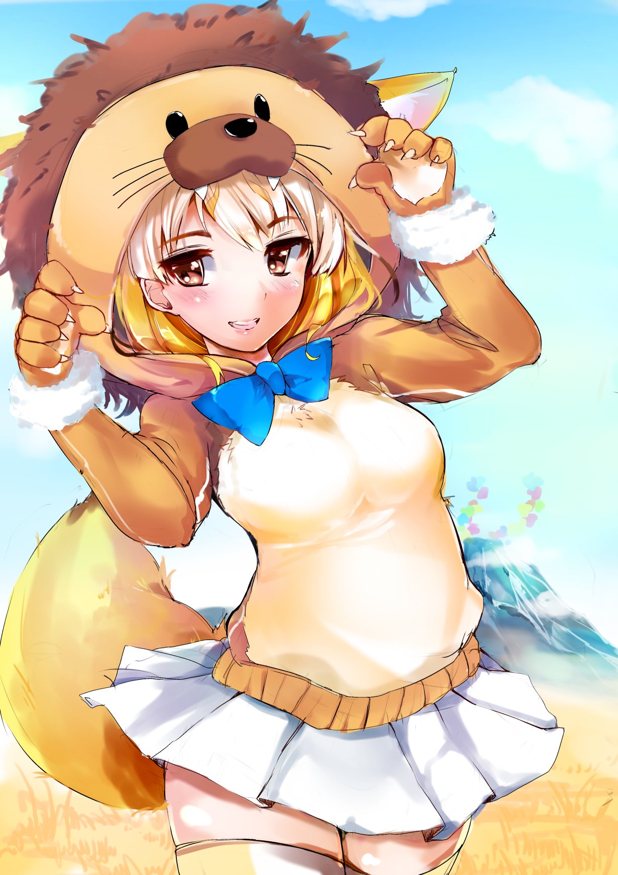1girl, animal_ears, animal_hood, blonde_hair, blue_neckwear, blue_sky, bow, bowtie