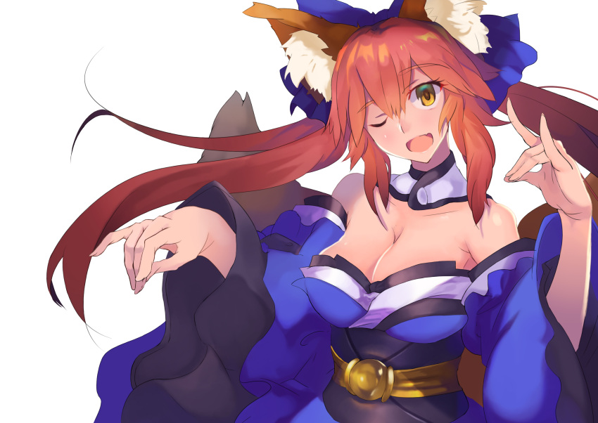 1girl, animal_ears, bare_shoulders, blue_ribbon, bow, breasts, cleavage, collarbone