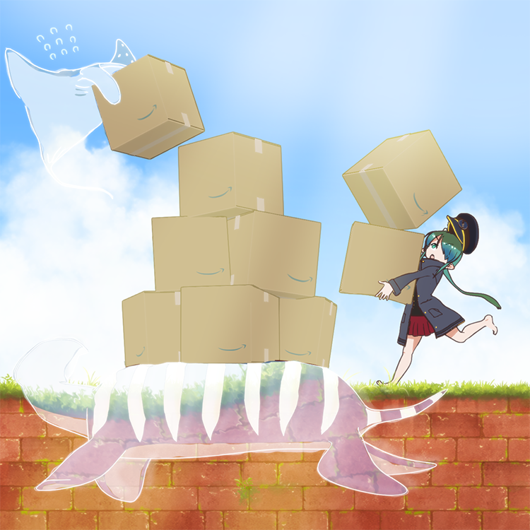 1girl, amazon_(company), box, coat, green_eyes, green_hair, hair_over_one_eye, hat