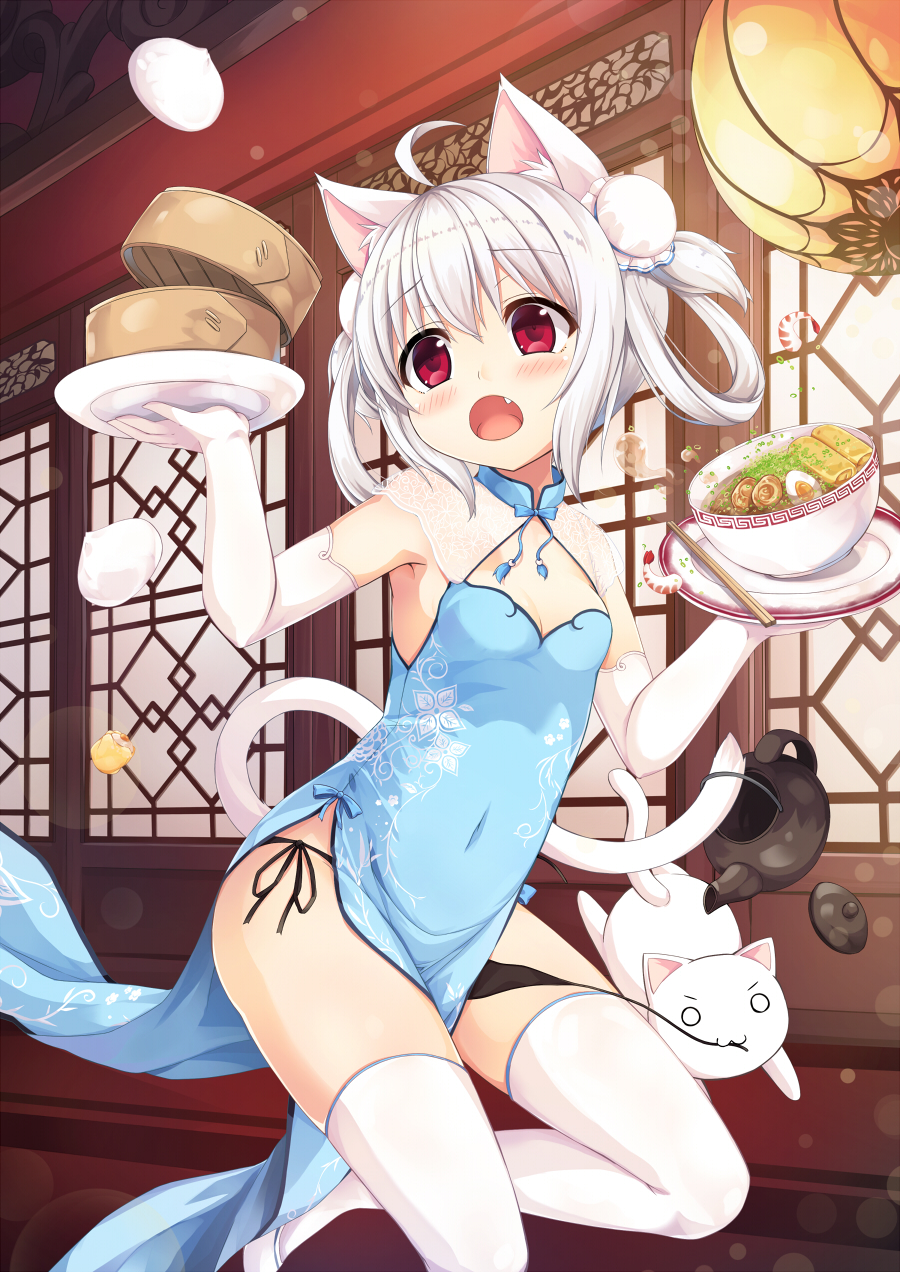 1girl, ahoge, animal, animal_ears, bangs, baozi, black_panties, blue_dress, blush, bowl, breasts, bun_cover, cat, cat_ears, cat_tail, china_dress, chinese_clothes, chopsticks, cleavage, covered_navel, detached_collar, double_bun, dress, elbow_gloves, eyebrows_visible_through_hair, fang, food, gloves, hair_rings, highres, holding, holding_tray, indoors, leg_up, looking_at_viewer, noodles, open_mouth, original, panties, plate, ramen, red_eyes, sakuraba_hikaru_(loveindog), shoes, short_hair, shrimp, side-tie_panties, sleeveless, sleeveless_dress, small_breasts, solo, standing, standing_on_one_leg, tail, teapot, thigh-highs, tray, underwear, untied, untied_panties, waitress, water_drop, white_gloves, white_hair, white_legwear