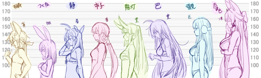 6+girls, ahoge, anger_vein, animal_ears, arm_up, bangs, bow, bra, breasts, bust_chart, camisole, closed_eyes, closed_mouth, commentary_request, earmuffs, eyebrows_visible_through_hair, fang, flat_chest, fox_ears, frilled_bra, frills, hair_bow, hair_intakes, hair_ribbon, hand_in_hair, hand_on_hip, hand_on_own_cheek, hand_on_own_chest, hand_up, height_chart, horns, ibarakidouji_hoozuki, large_breasts, long_hair, low_ponytail, medium_breasts, multiple_girls, oni_horns, open_mouth, original, own_hands_together, panties, ponytail, profile, rabbit_ears, ribbon, sarashi, sidelocks, sketch, small_breasts, sports_bra, sweatdrop, tamakagura_inari, tamamo_(yagi), translation_request, tsukune_(yagi), underwear, underwear_only, yagi_(ningen), yukimi_(yagi)
