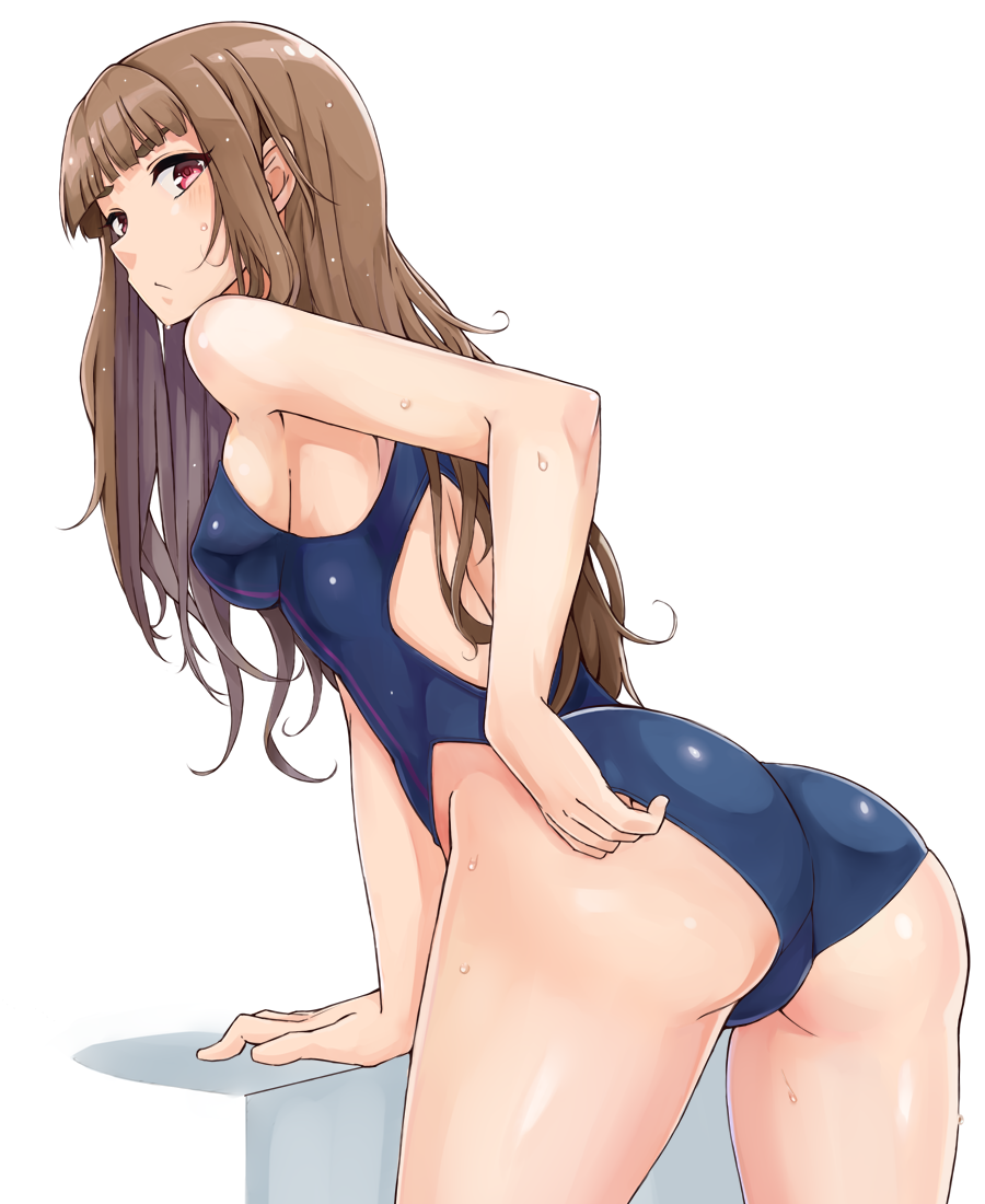 1girl, arm_support, ass, bangs, bare_back, blunt_bangs, blush, breasts, brown_hair, competition_swimsuit, cowboy_shot, from_behind, graphite_(medium), idolmaster, idolmaster_cinderella_girls, kamiya_nao, leaning_forward, long_hair, looking_at_viewer, looking_back, naga1047, one-piece_swimsuit, red_eyes, sideboob, swimsuit, traditional_media, wet